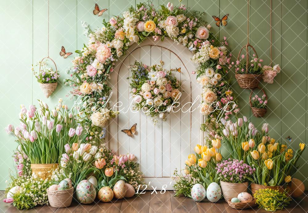 Kate Fleece Easter Tulips Backdrop Door Green Butterfly Designed by Emetselch