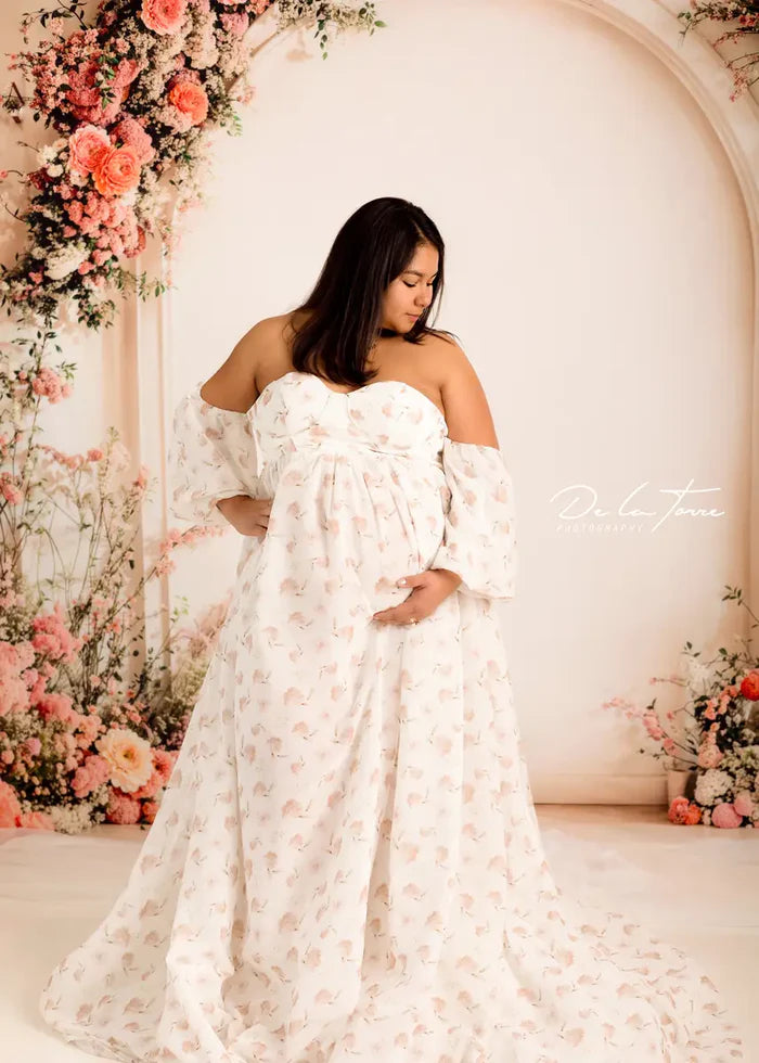 Kate Chiffon Flower Printed White Maternity Photoshoot Dress