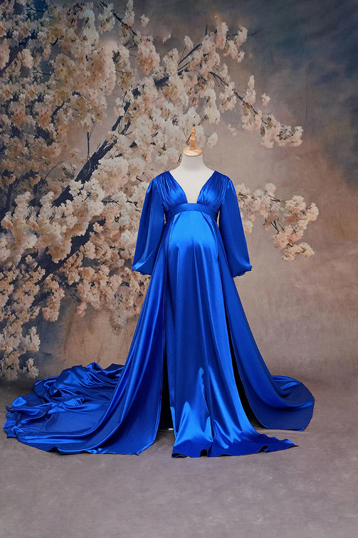 Kate Sapphire Blue Long Sleeve Satin Blue Maternity Photoshoot Dress