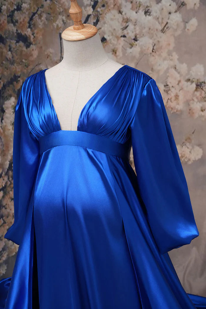 Kate Sapphire Blue Long Sleeve Satin Blue Maternity Photoshoot Dress