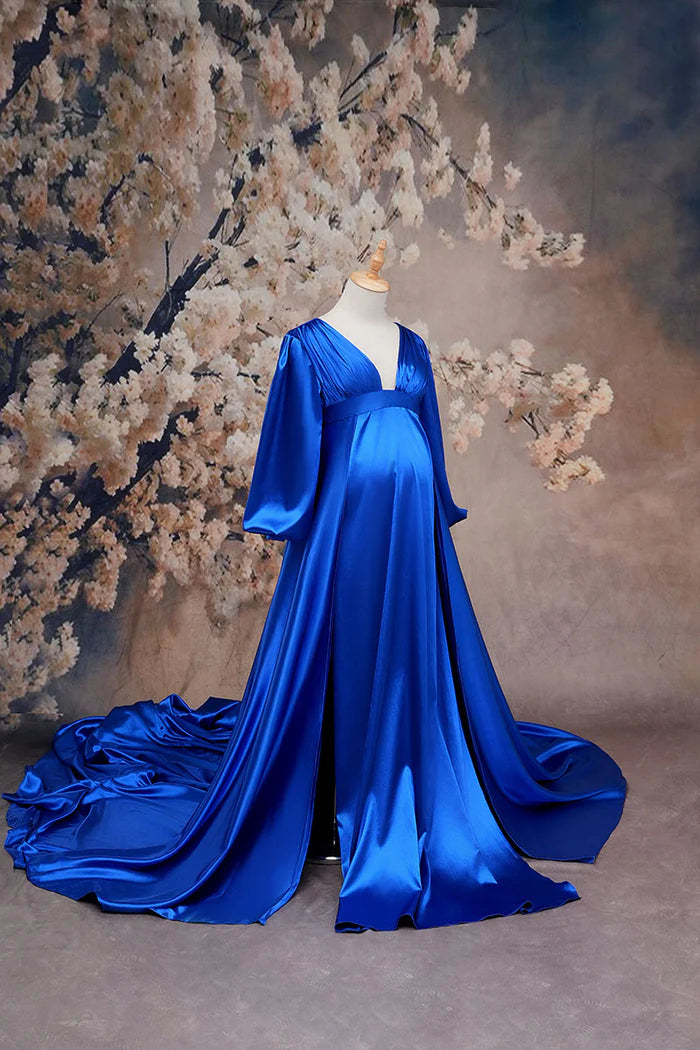 Kate Sapphire Blue Long Sleeve Satin Blue Maternity Photoshoot Dress