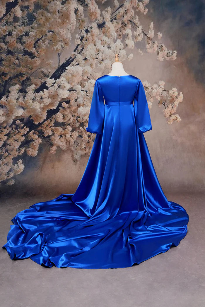 Kate Sapphire Blue Long Sleeve Satin Blue Maternity Photoshoot Dress