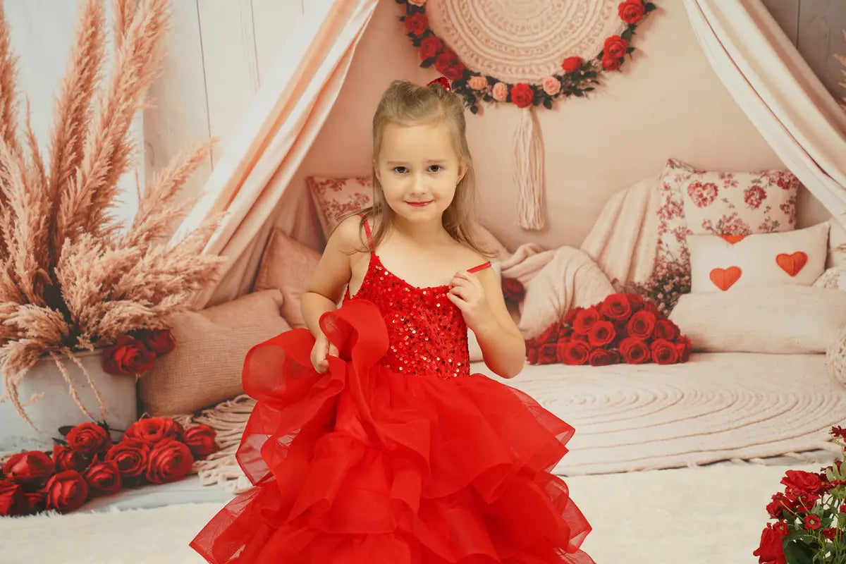 Kate Spring Mother's Day Red Sequined Tulle Kids Dress for Photography