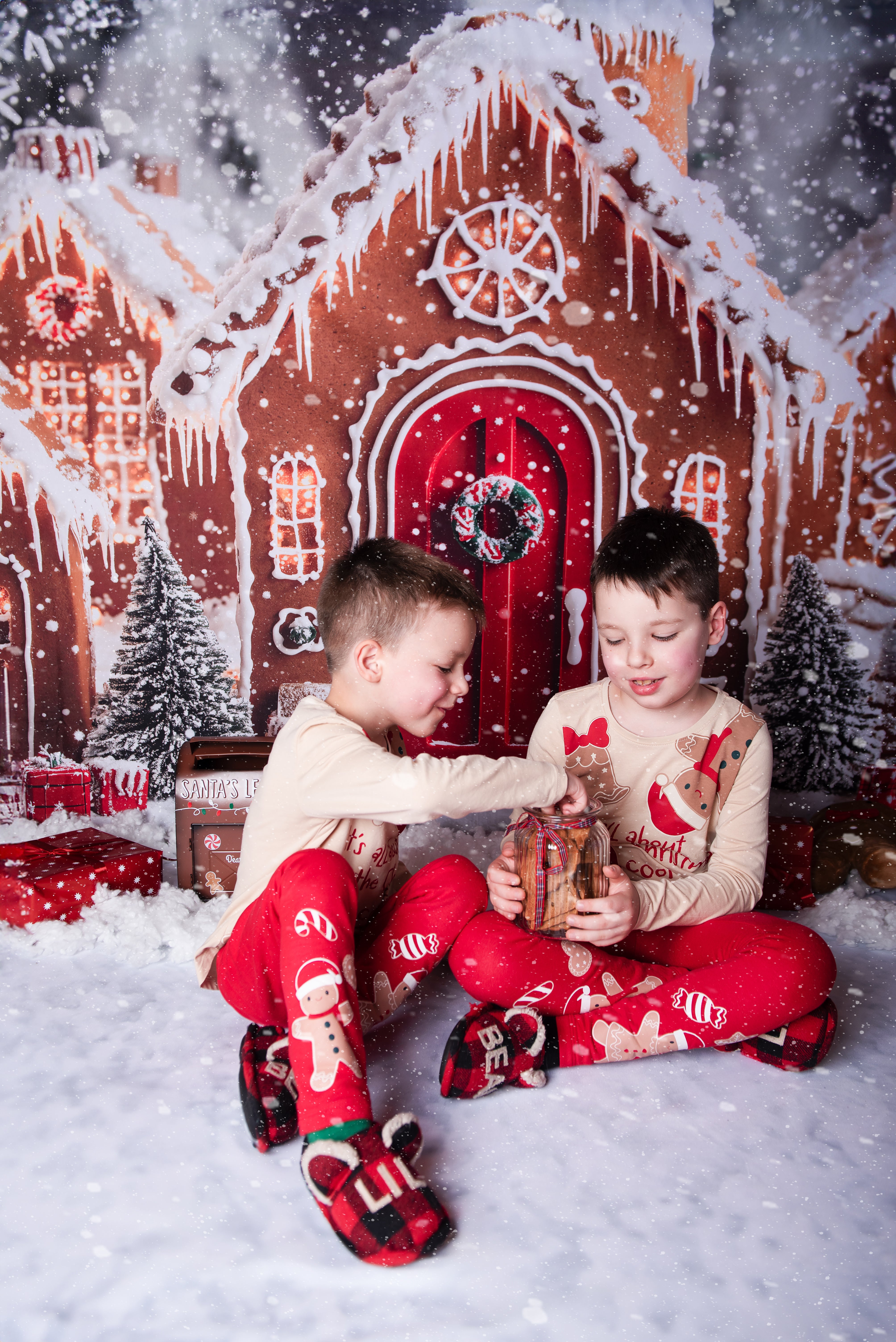 Kate Christmas Gingerbread Houses Snowy Backdrop+Winter Snow Floor Backdrop