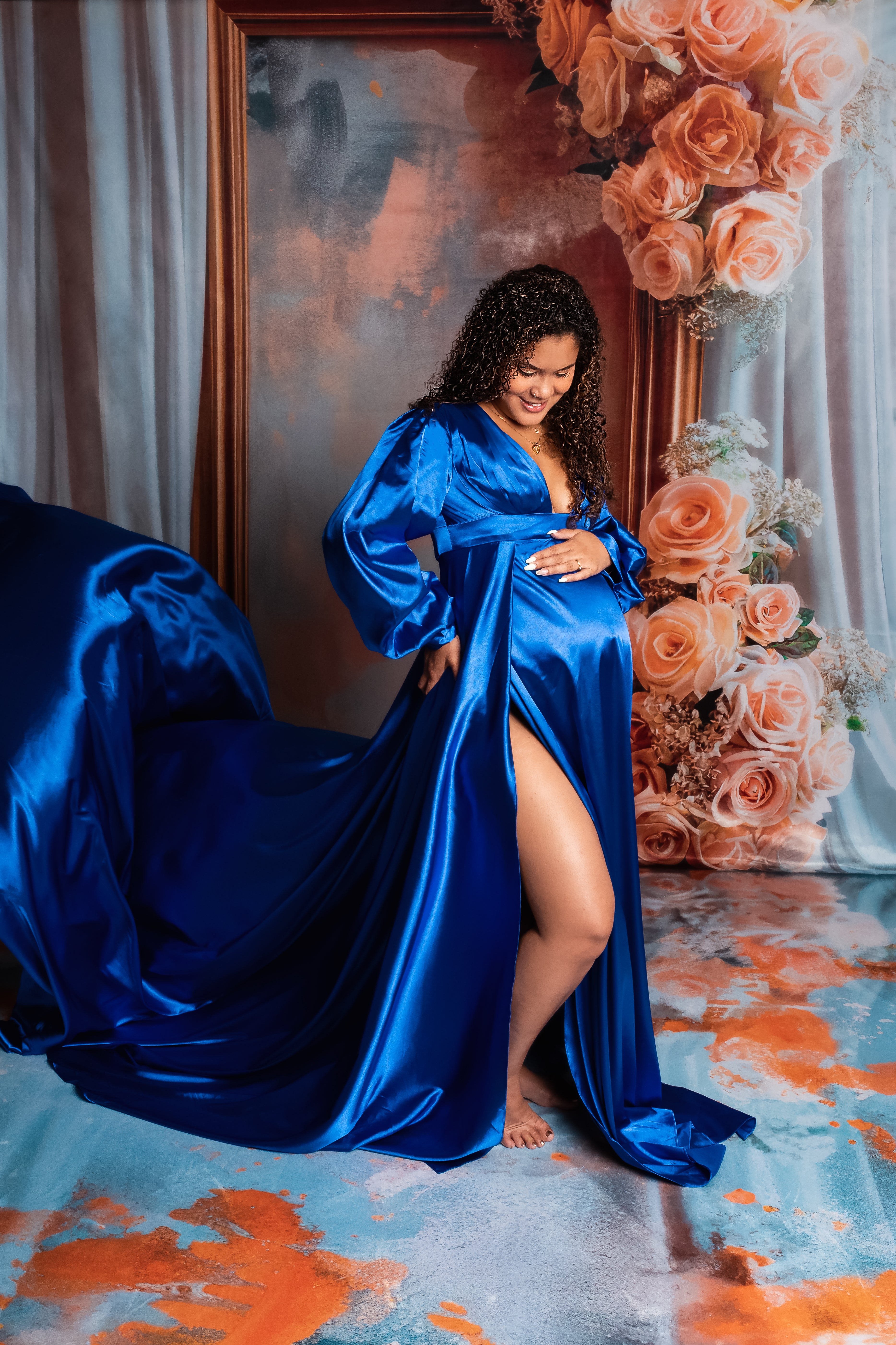 Kate Sapphire Blue Long Sleeve Satin Blue Maternity Photoshoot Dress