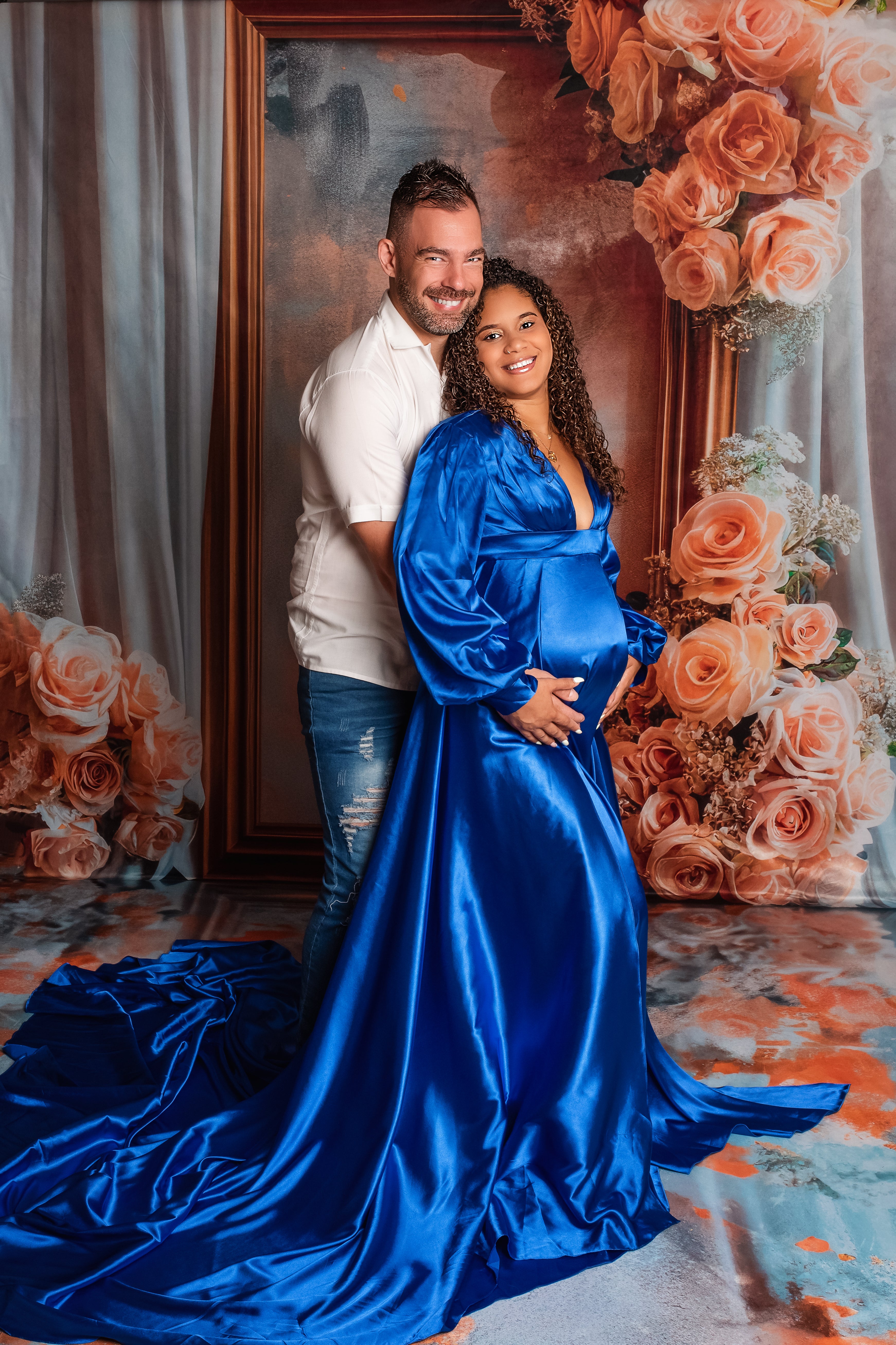 Kate Sapphire Blue Long Sleeve Satin Blue Maternity Photoshoot Dress