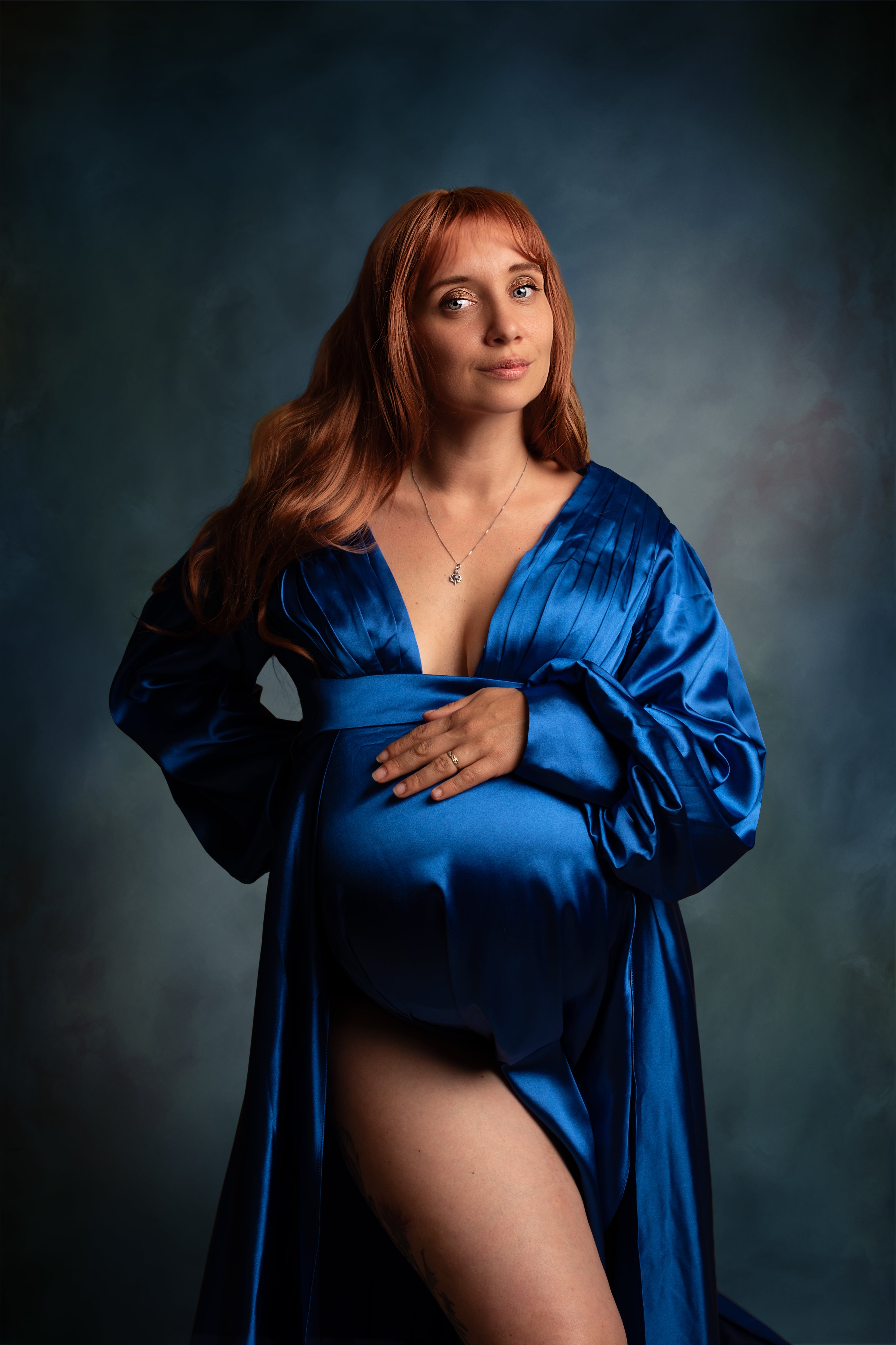 Kate Sapphire Blue Long Sleeve Satin Blue Maternity Photoshoot Dress