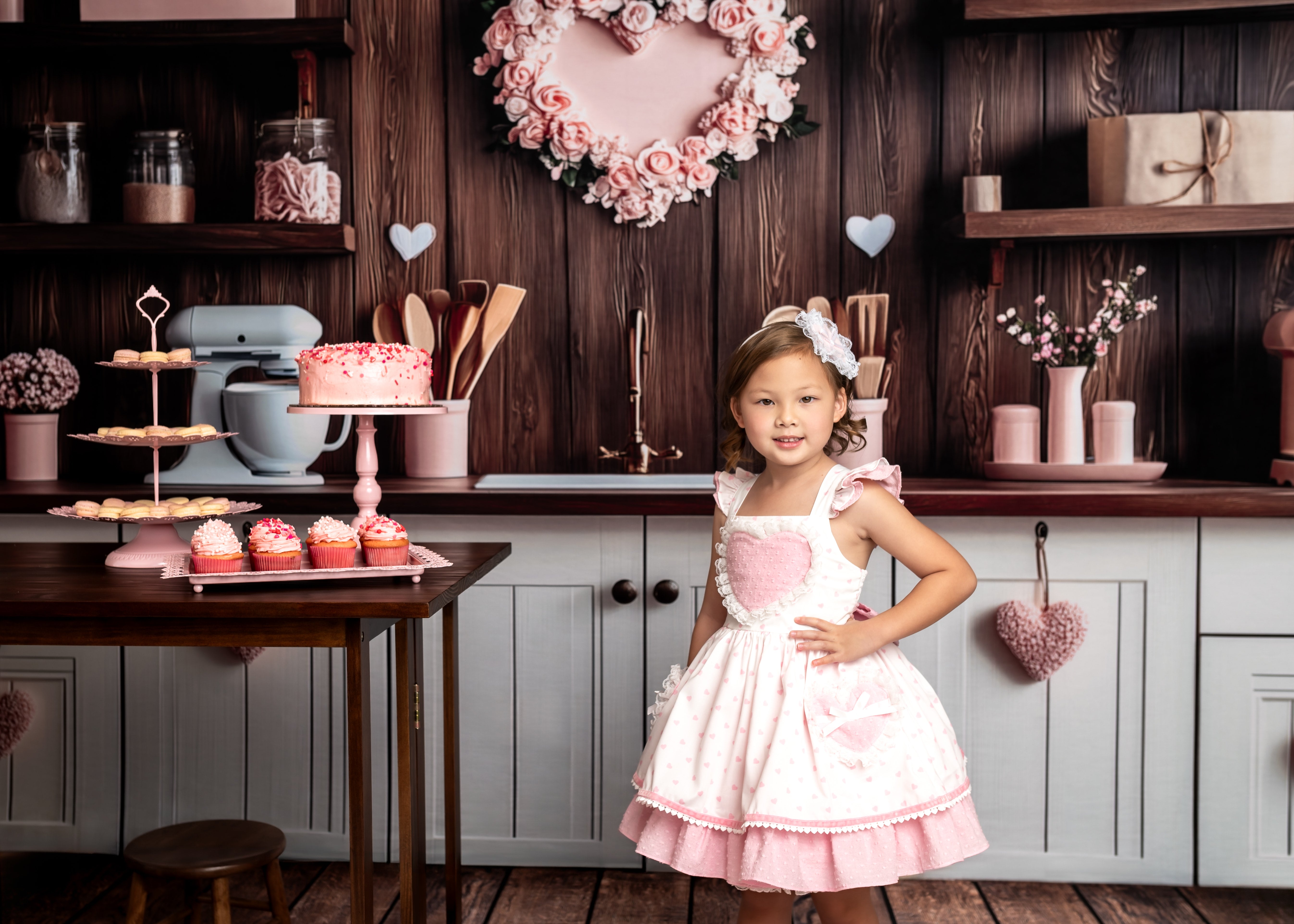 Kate Valentine's Day Pink Kitchen Hearts Backdrop Designed by Patty Roberts