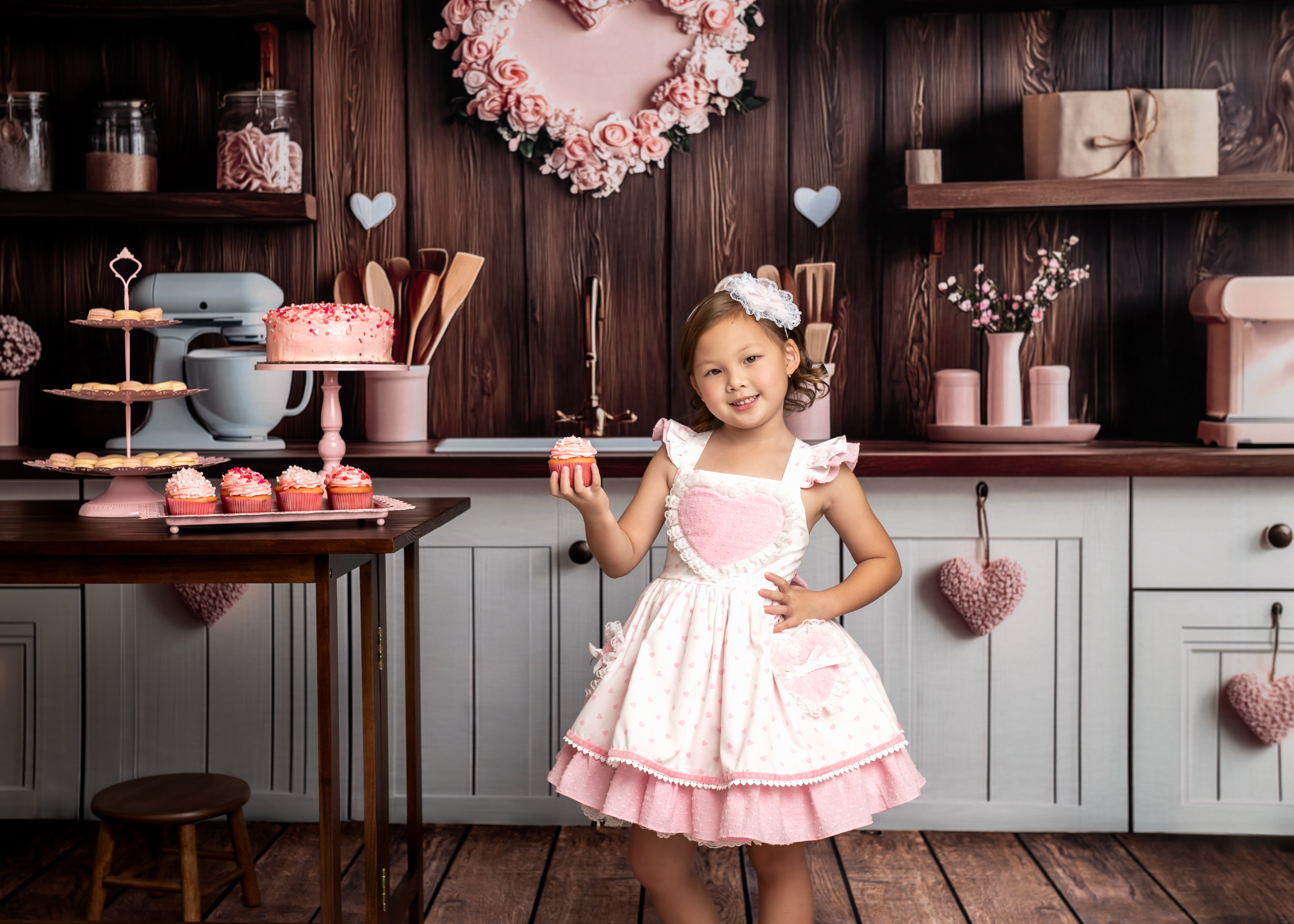 Kate Valentine's Day Pink Kitchen Hearts Backdrop Designed by Patty Roberts