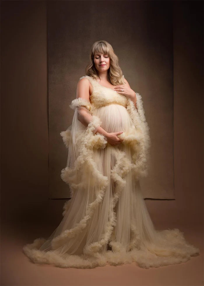 Kate One Shoulder Mesh Champagne Maternity Photoshoot Dress