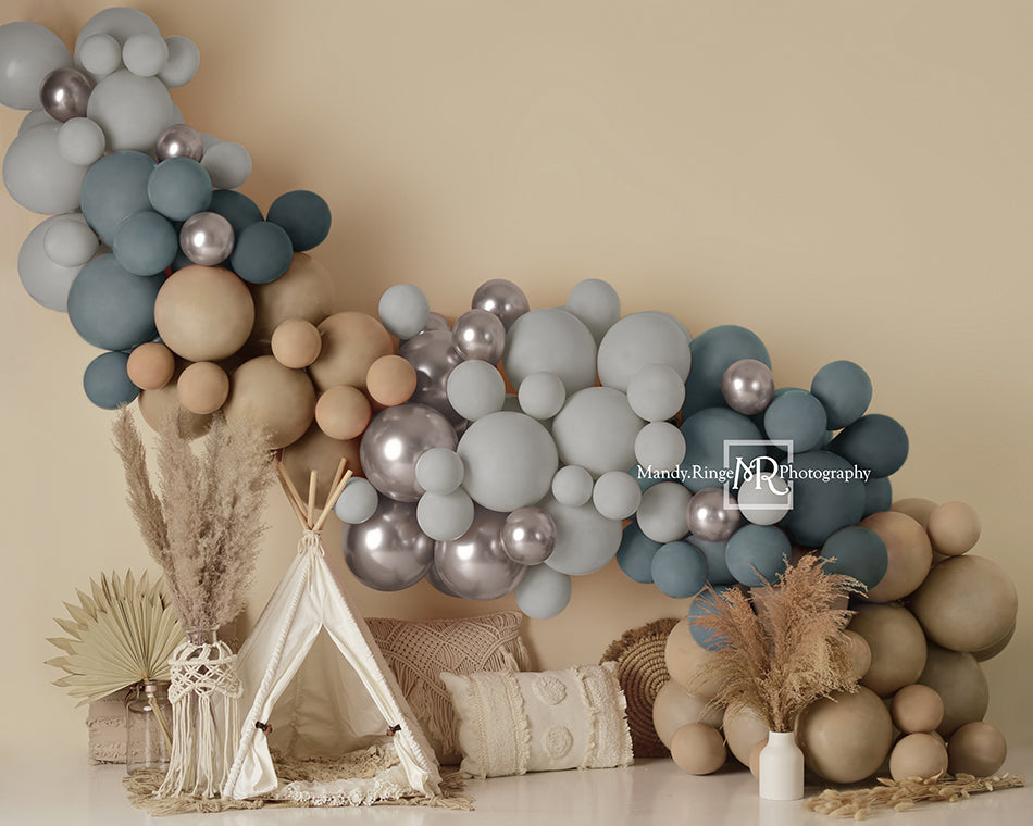 Kate Boho Balloons Tent Fleece Backdrop Matte Blue Designed by Mandy Ringe Photography