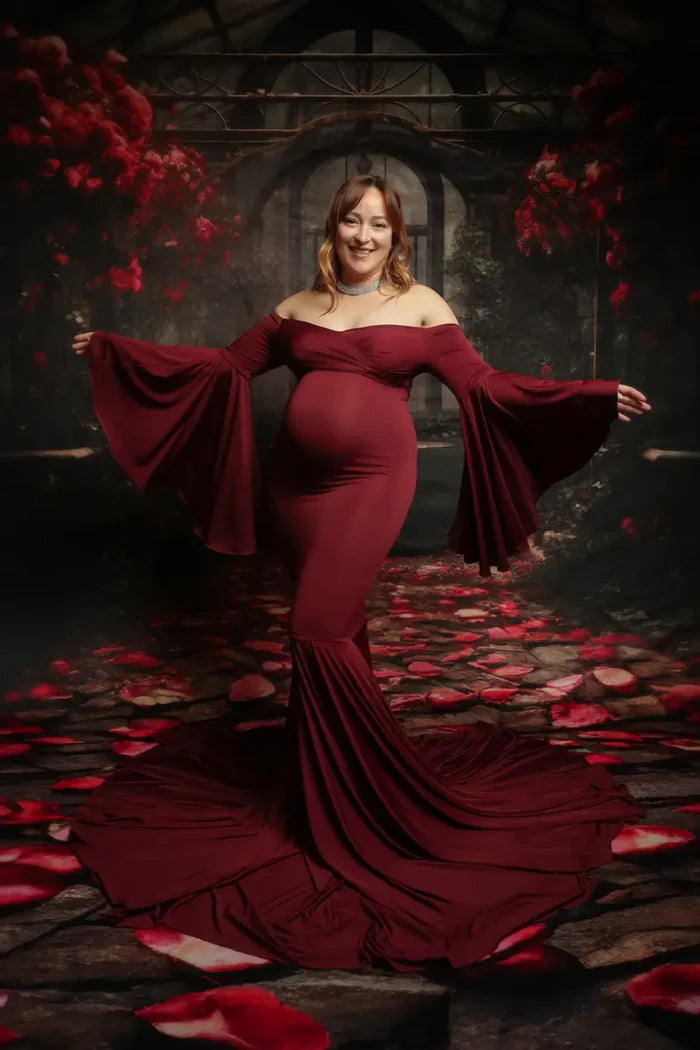 Kate Claret Bell Sleeves Maternity Photoshoot Dress