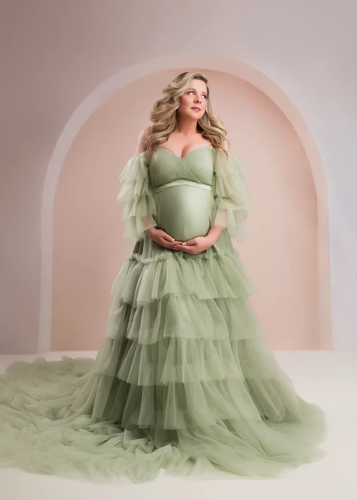 Kate One Shoulder Mesh Mint Green Maternity Photoshoot Dress