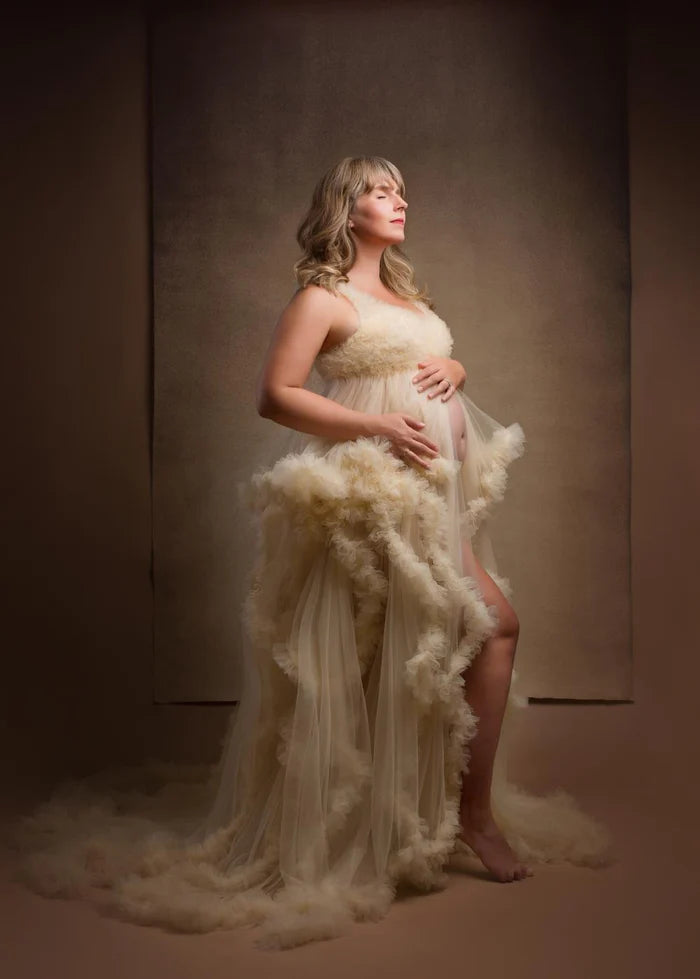 Kate One Shoulder Mesh Champagne Maternity Photoshoot Dress