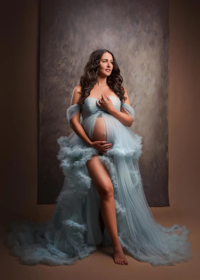 Kate One Shoulder Mesh Lake Blue Maternity Photoshoot Dress