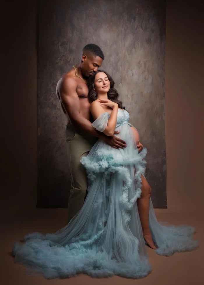 Portrait photo showcasing Kate Abstract Brown textured backdrop with couple in elegant pose against hand-painted canvas surface