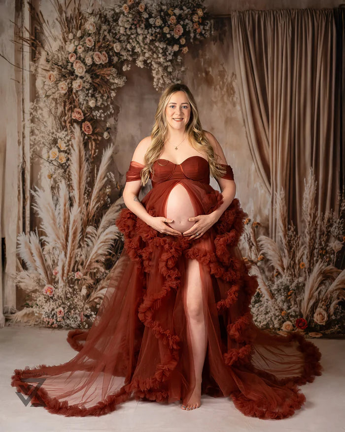 Kate Crimson One Shoulder Mesh Maternity Photoshoot Dress