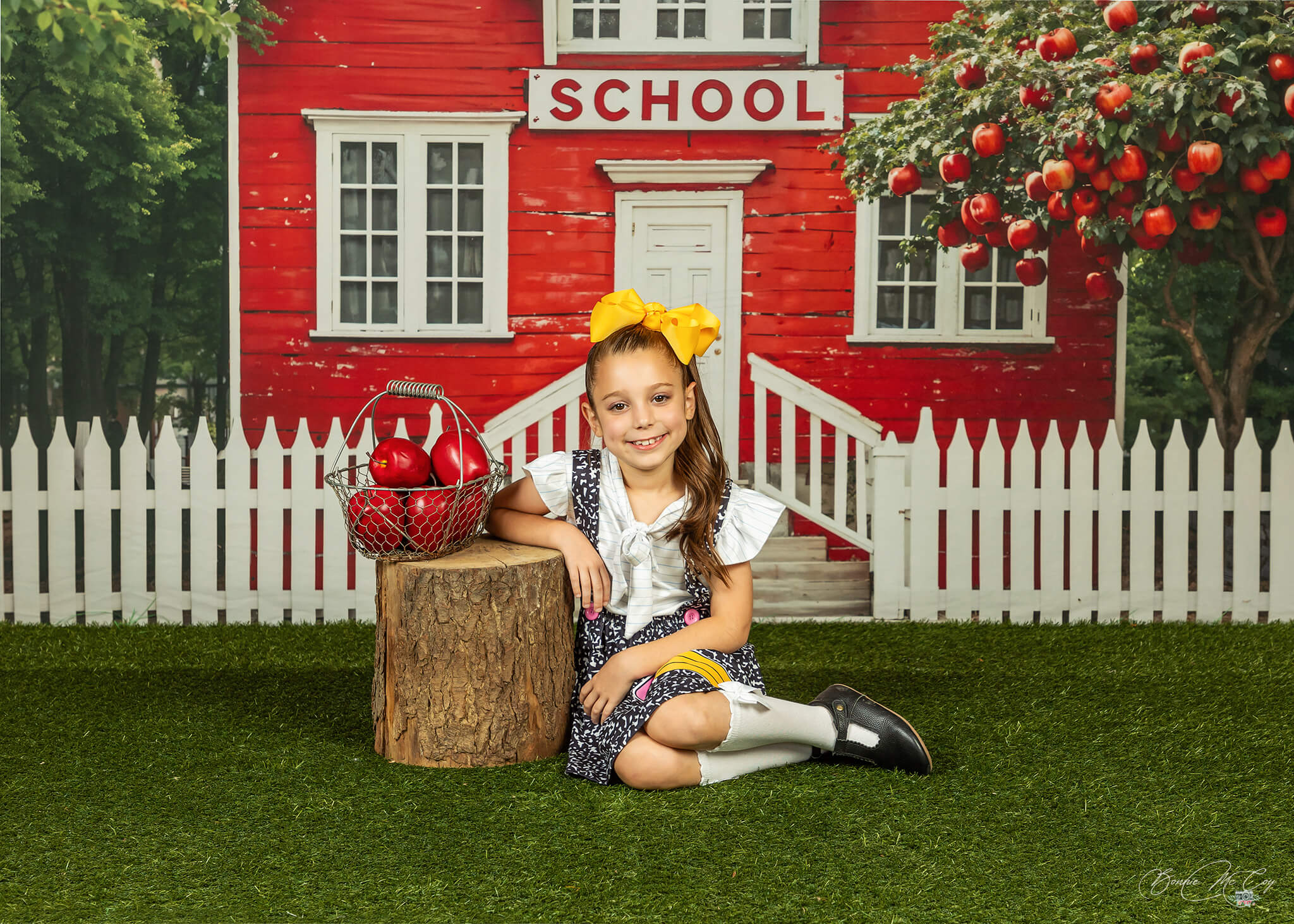 Kate Back to School Red House Apple Tree Fence Backdrop Designed by Chain Photography