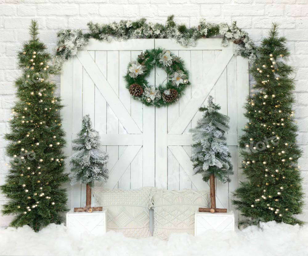 Kate Christmas Tree Backdrop Barn Door Snow Designed by Emetselch - Kate Backdrop AU