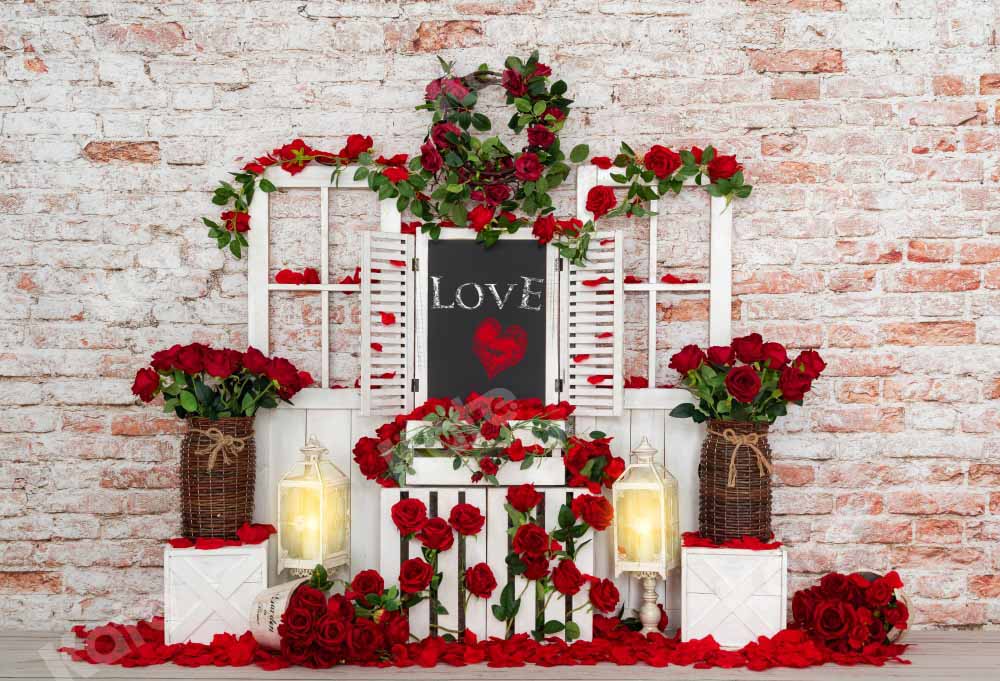 Kate Valentine's Day Rose Backdrop Wooden Door Brick Wall Designed by