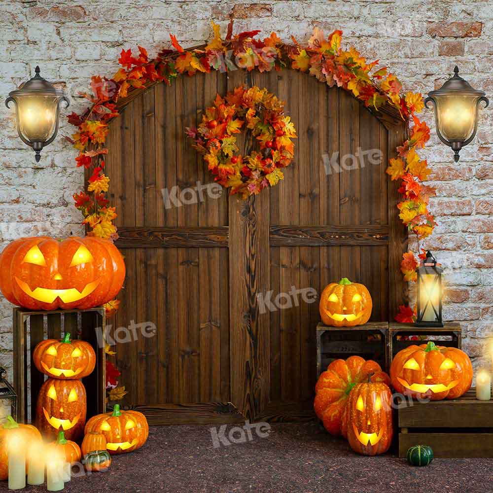 Kate Halloween Barn Door Backdrop Leaves Pumpkin Designed by Emetselch - Kate Backdrop AU