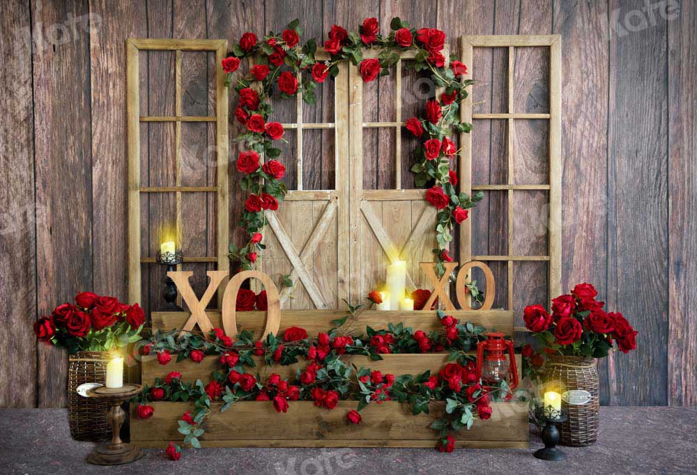 Kate Valentine's Day Backdrop Rose XOXO Wood Grain Designed by Emetsel