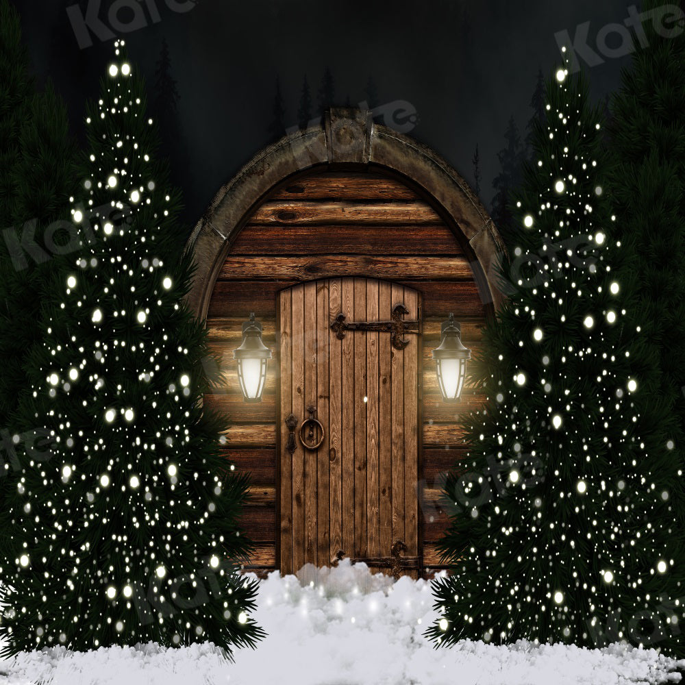 Kate Christmas Tree Night Backdrop Barn Bokeh Door for Photography