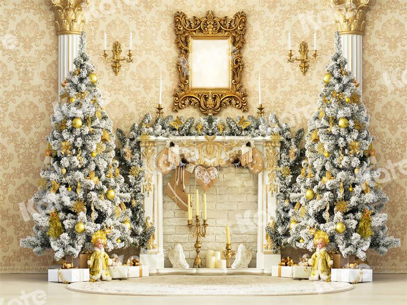 Kate Golden Christmas Backdrop Fireplace Candle for Photography