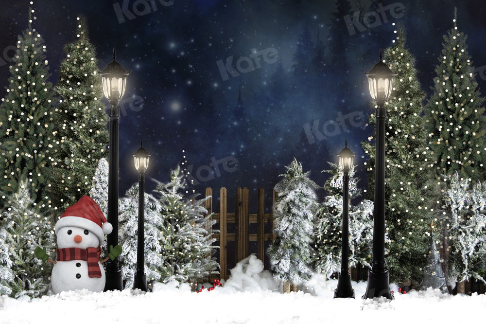 Kate Christmas Backdrop Snow Tree Night Snowman for Photography