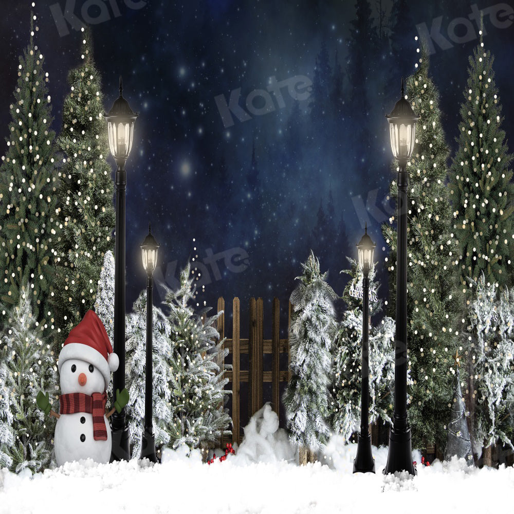 Kate Christmas Backdrop Snow Tree Night Snowman for Photography