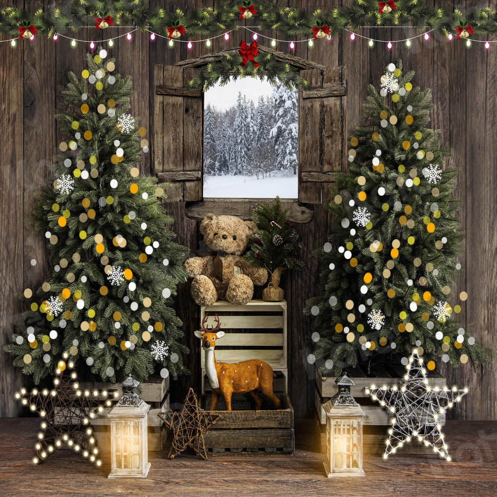 Kate Christmas Tree Backdrop Bokeh Chalet Snow Window for Photography