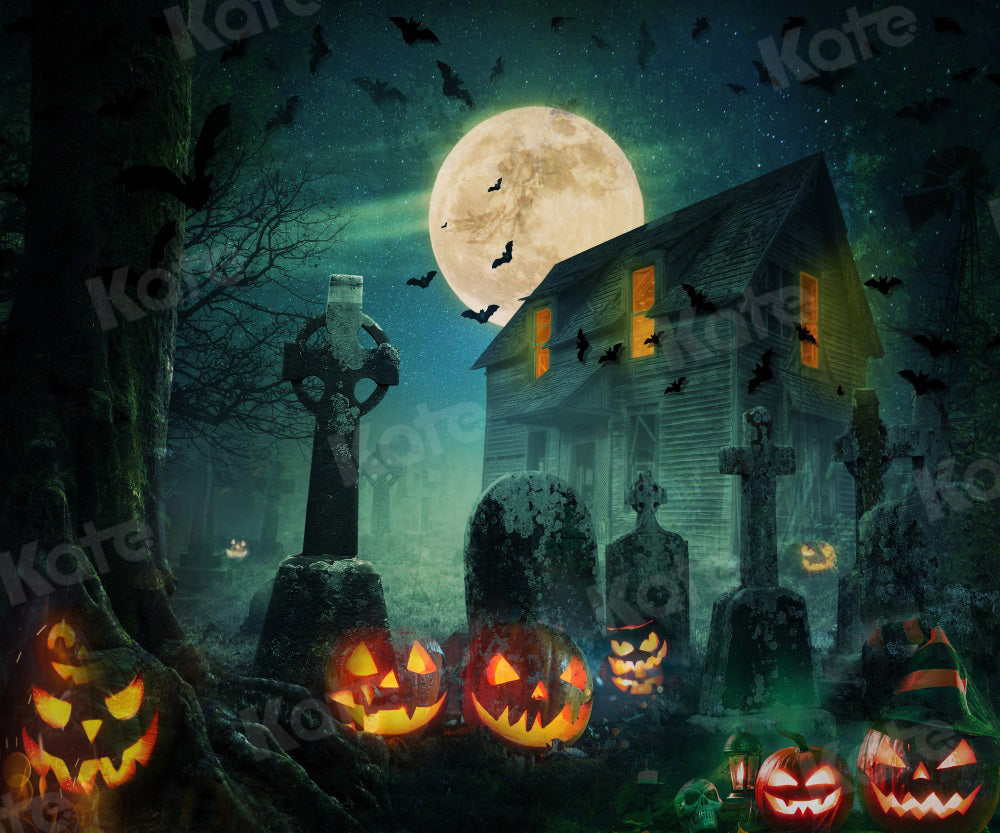 Kate Halloween Night Backdrop Moon Bat Pumpkin for Photography