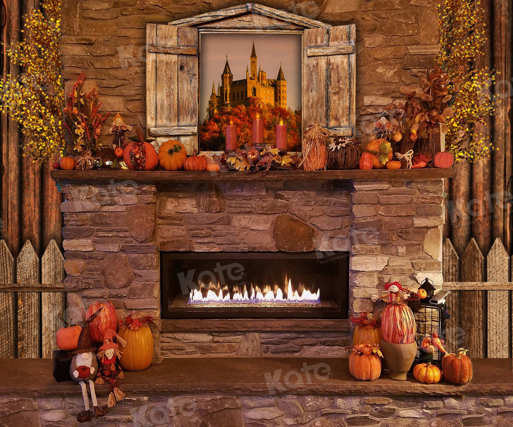 Kate Autumn Pumpkins Fireplace Backdrop for Photography