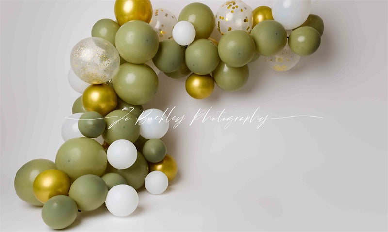 Kate Gold Green Balloons Backdrop Cake Smash Designed by Jo Buckley Photography