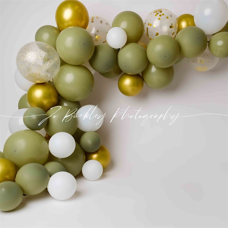 Kate Gold Green Balloons Backdrop Cake Smash Designed by Jo Buckley Photography