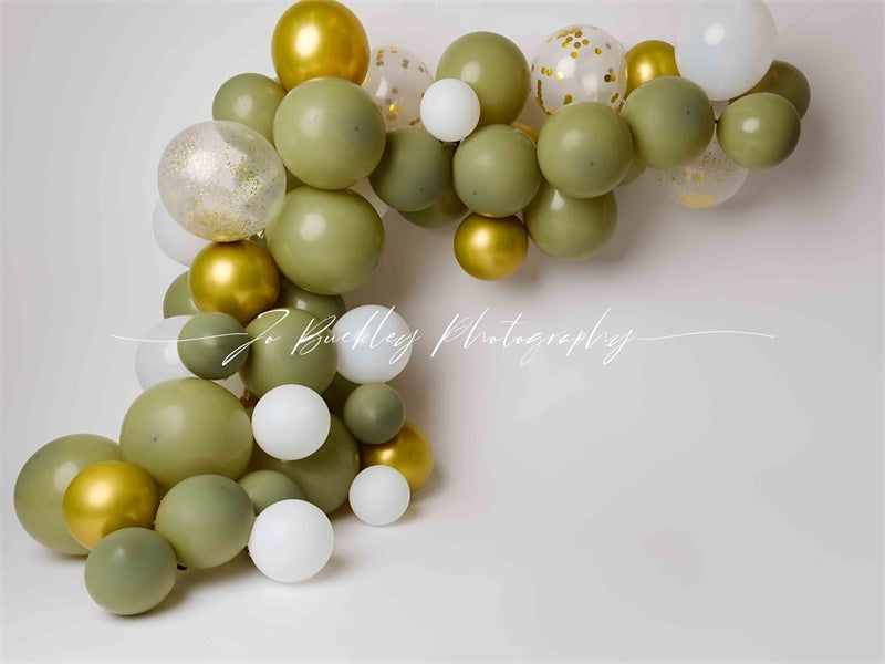 Kate Gold Green Balloons Backdrop Cake Smash Designed by Jo Buckley Photography