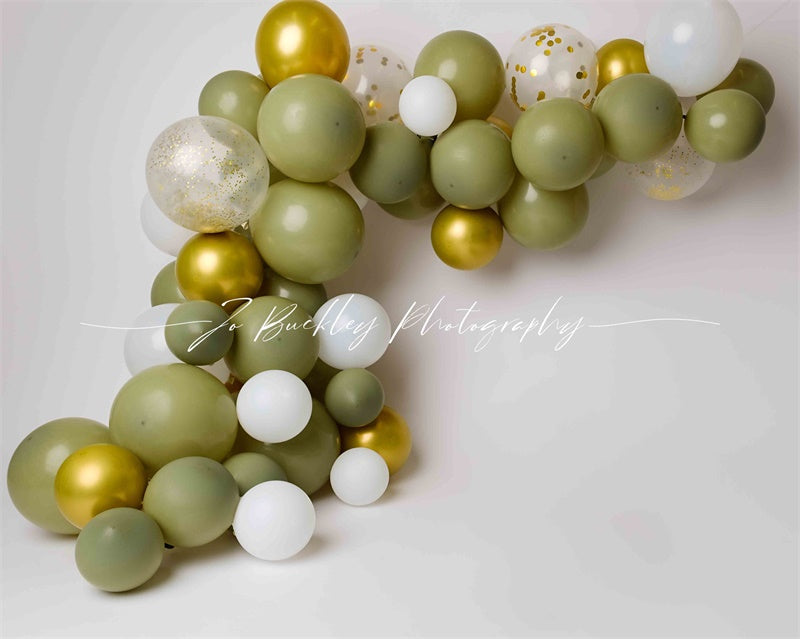 Kate Gold Green Balloons Backdrop Cake Smash Designed by Jo Buckley Photography