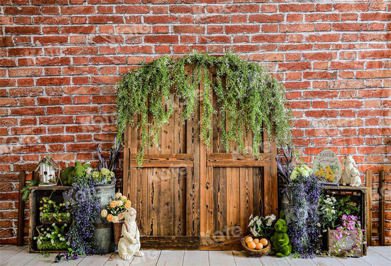 Kate Spring/Easter Barn Door Backdrop Brick Wall for Photography