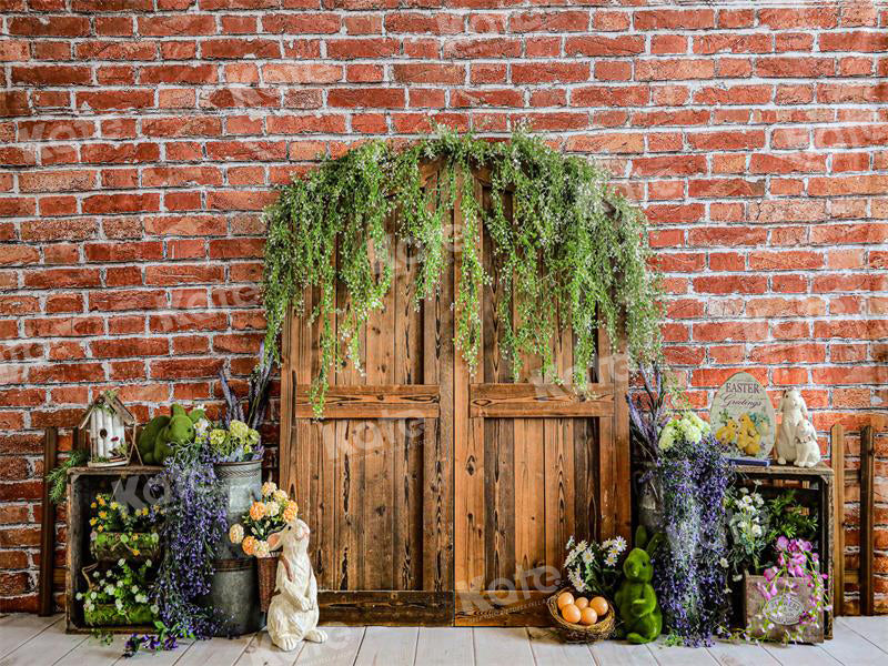 Kate Spring/Easter Barn Door Backdrop Brick Wall for Photography