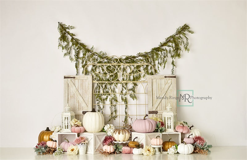 Kate Garden Gate Backdrop Pink and Gold Pumpkins Designed by Mandy Ringe Photography