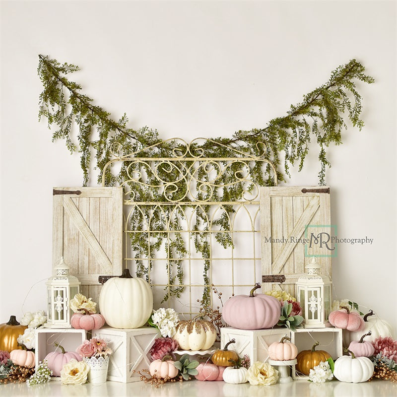 Kate Garden Gate Backdrop Pink and Gold Pumpkins Designed by Mandy Ringe Photography