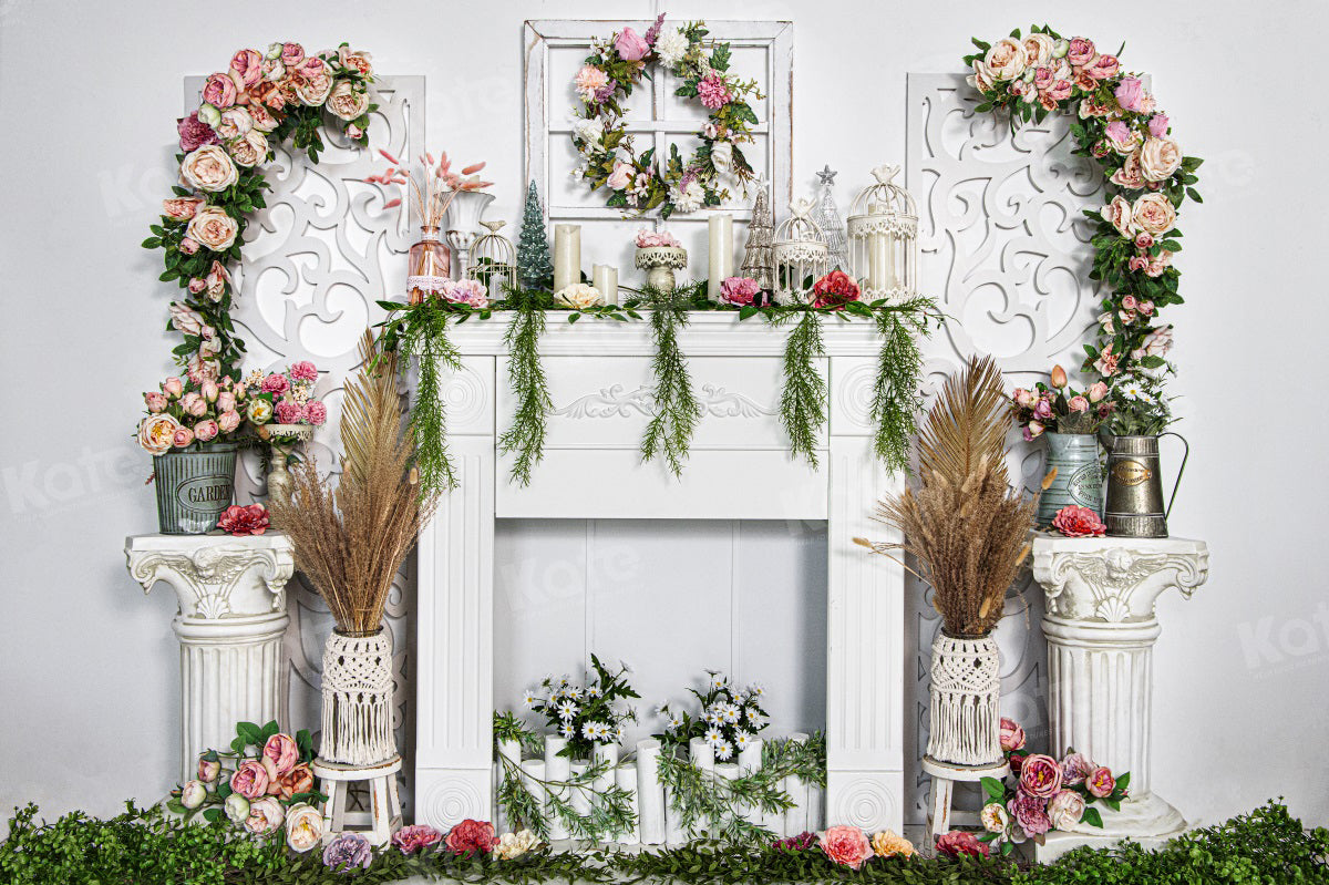 Kate Spring Flower Backdrop White Fireplace for Photography