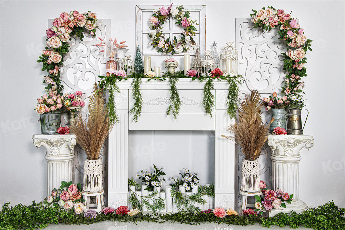 Kate Spring Flower Backdrop White Fireplace for Photography