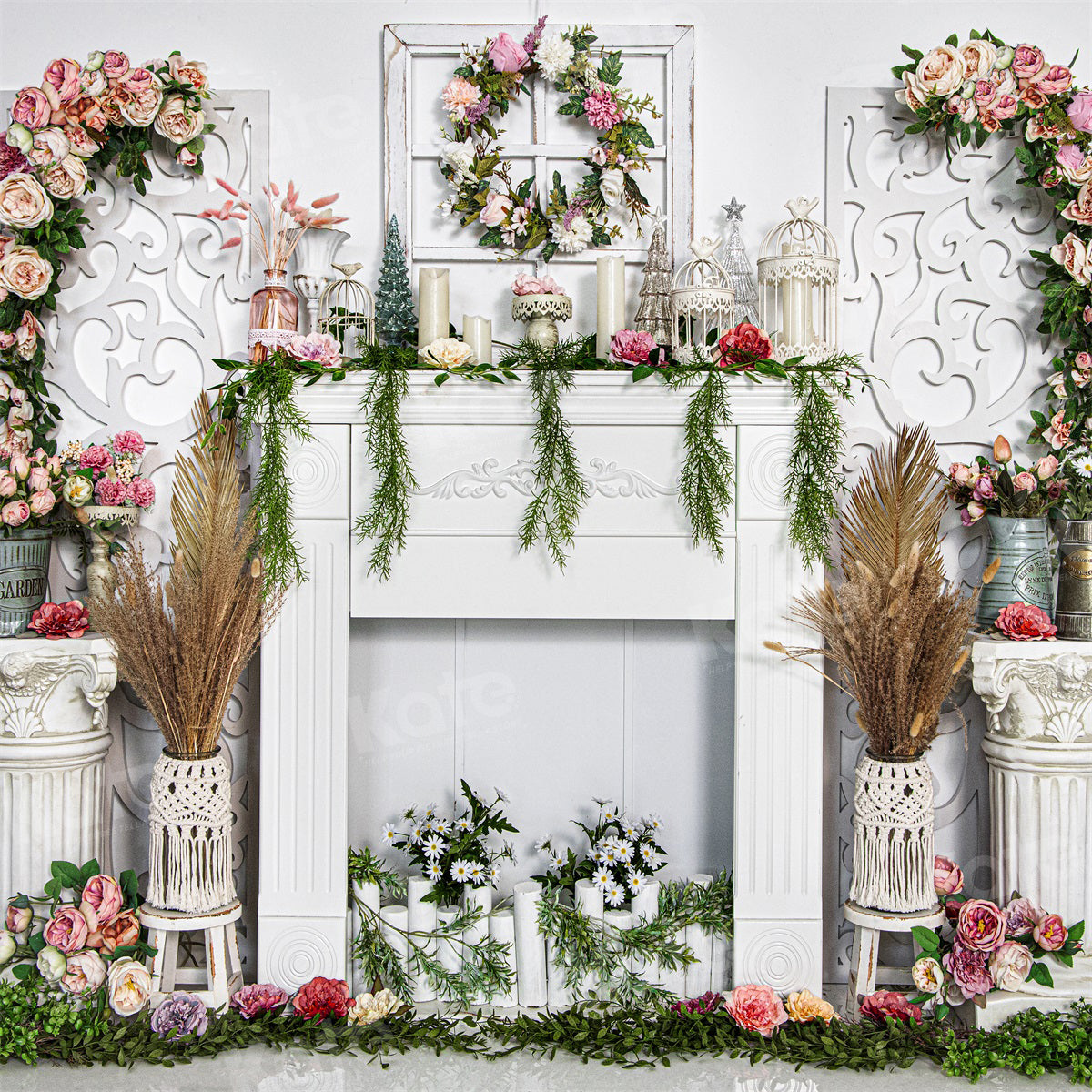 Kate Spring Flower Backdrop White Fireplace for Photography