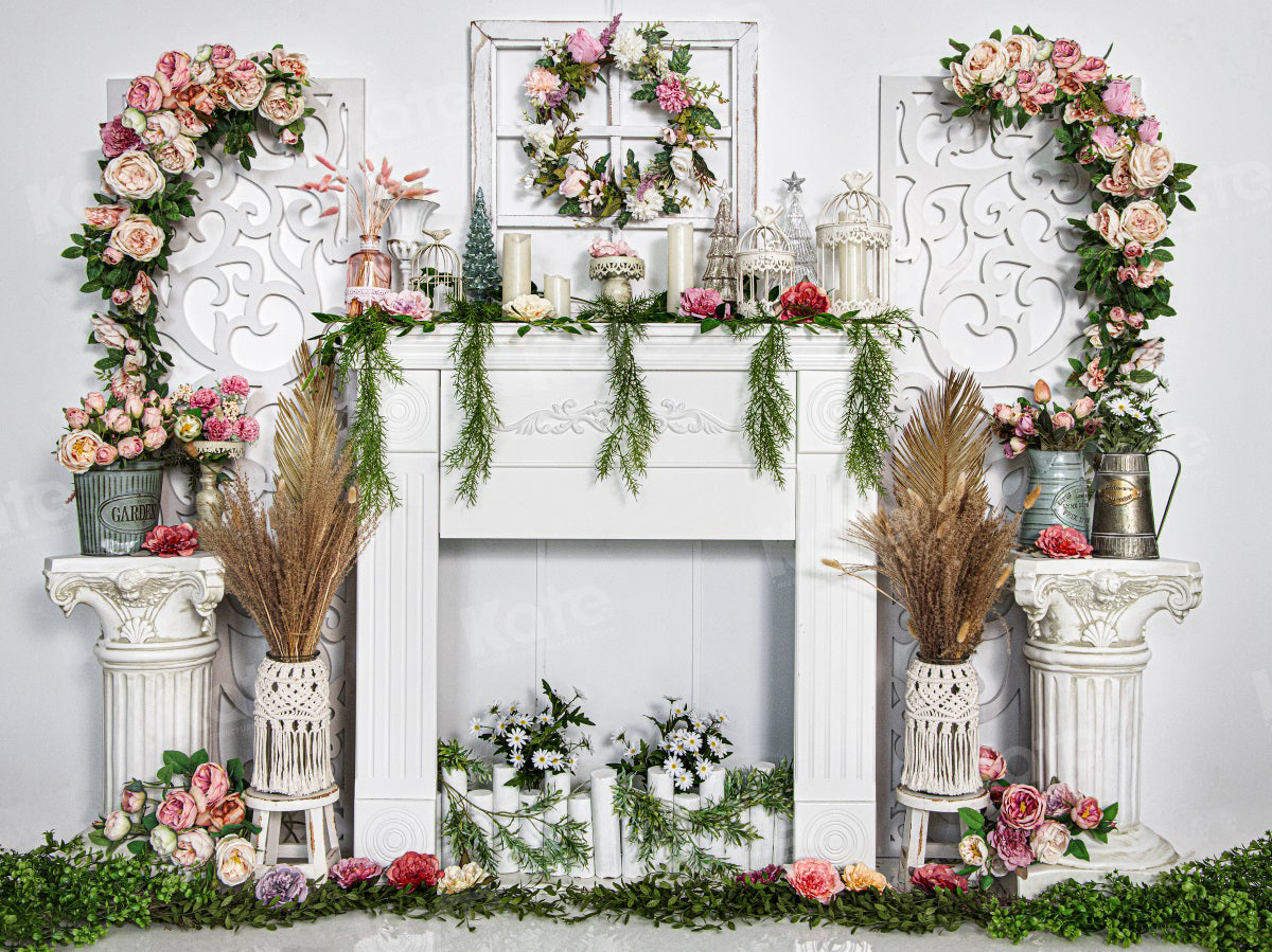 Kate Spring Flower Backdrop White Fireplace for Photography