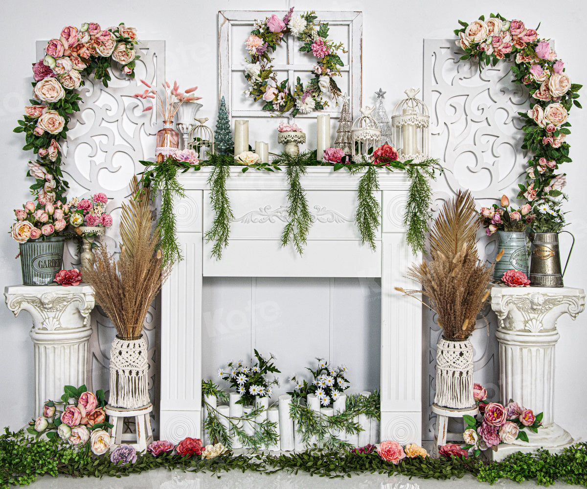 Kate Spring Flower Backdrop White Fireplace for Photography