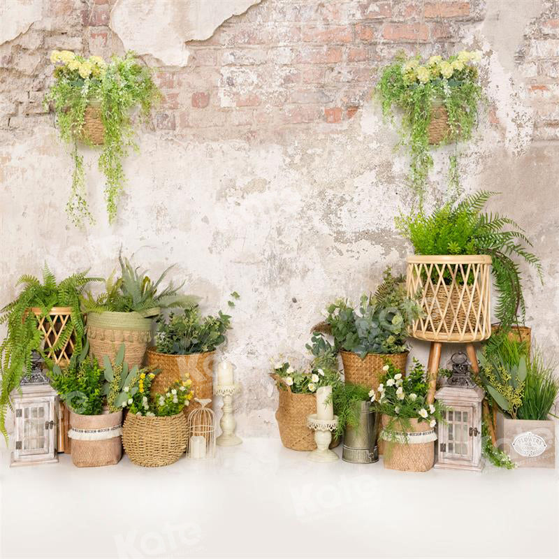 Kate Spring Backdrop Green Plants Brick Wall for Photography