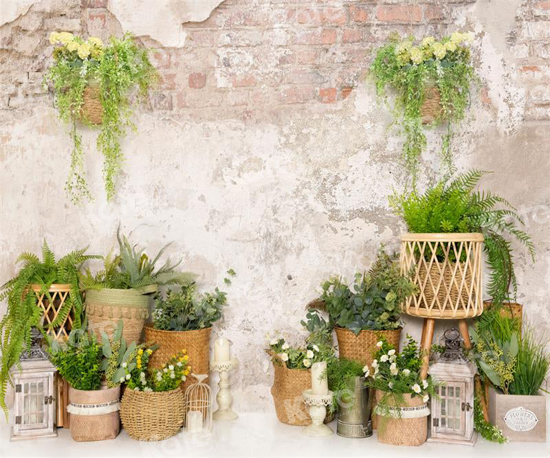 Kate Spring Backdrop Green Plants Brick Wall for Photography