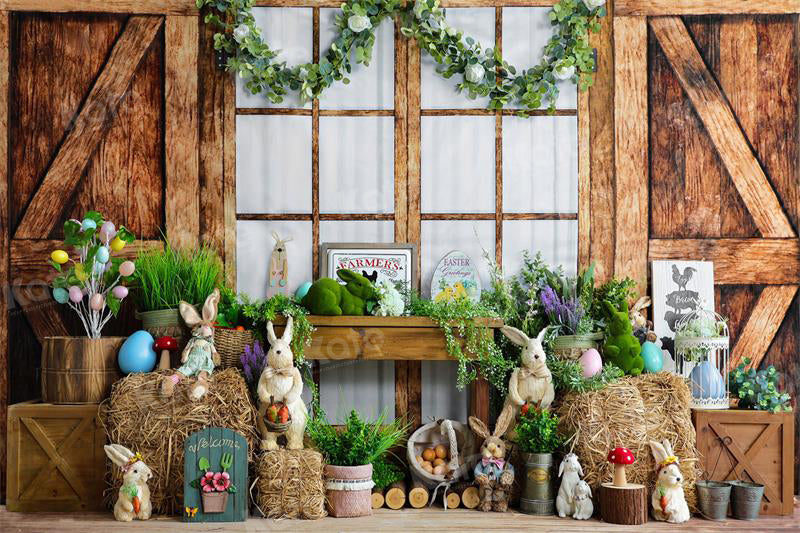 Kate Easter Bunny Backdrop Wooden House Green Plants for Photography