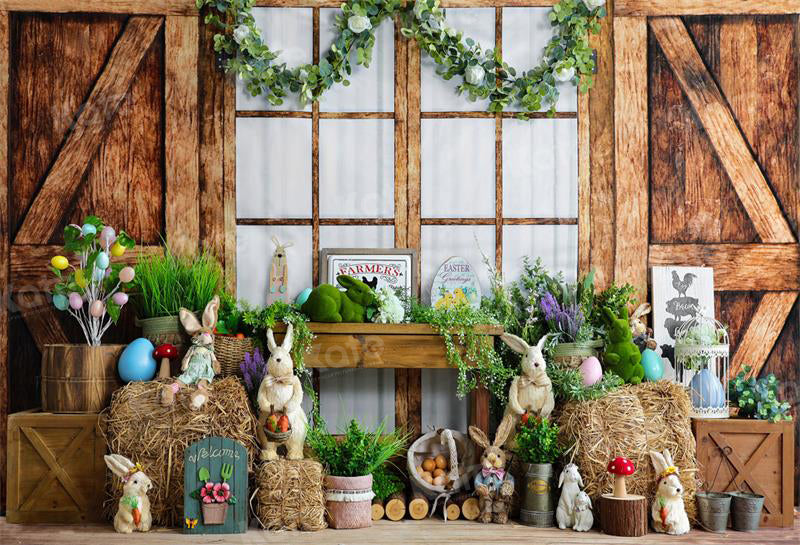 Kate Easter Bunny Backdrop Wooden House Green Plants for Photography